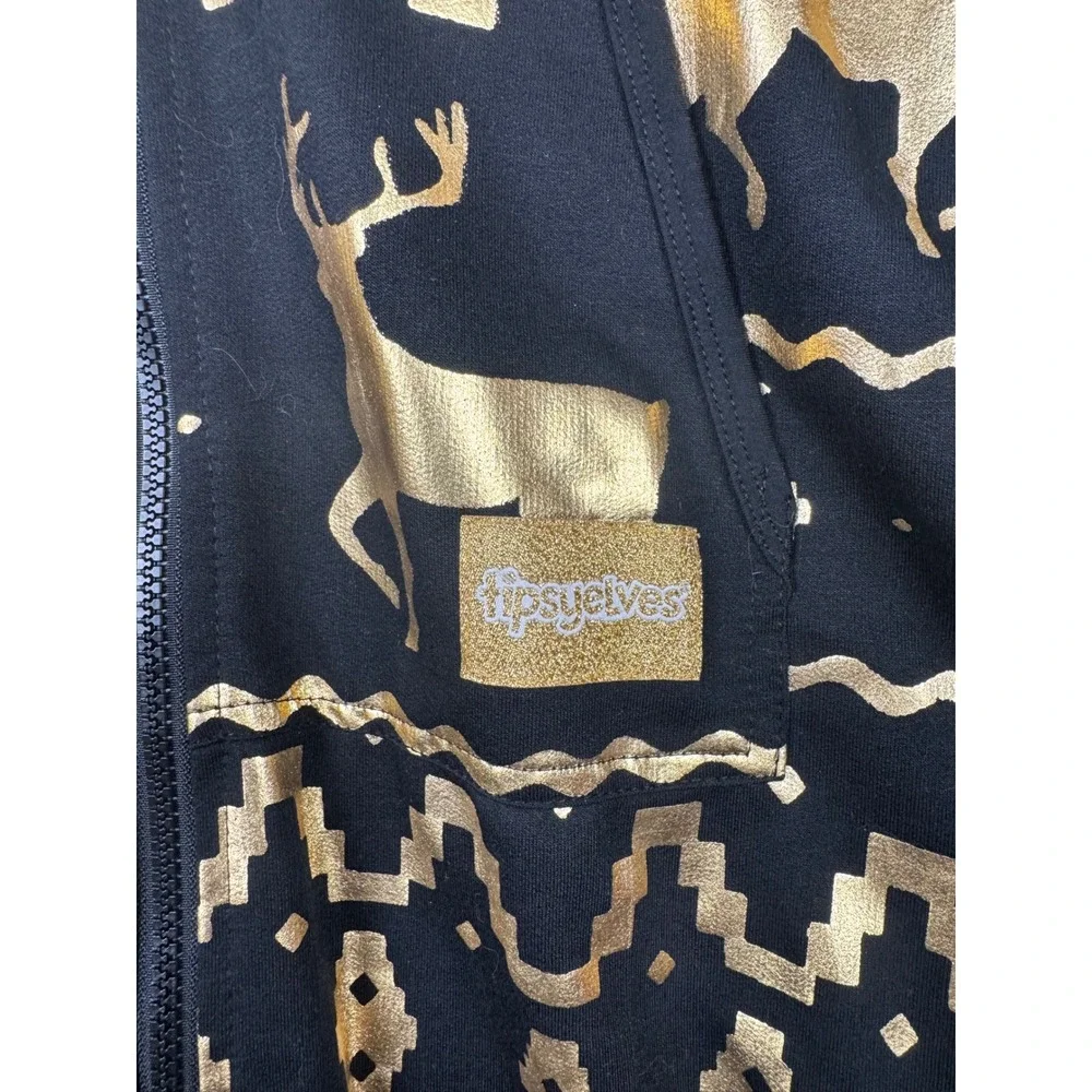 Tipsy Elves Mens XL Black Gold Metallic Reindeer Fair Isle Hooded Jumpsuit - Picture 3 of 11